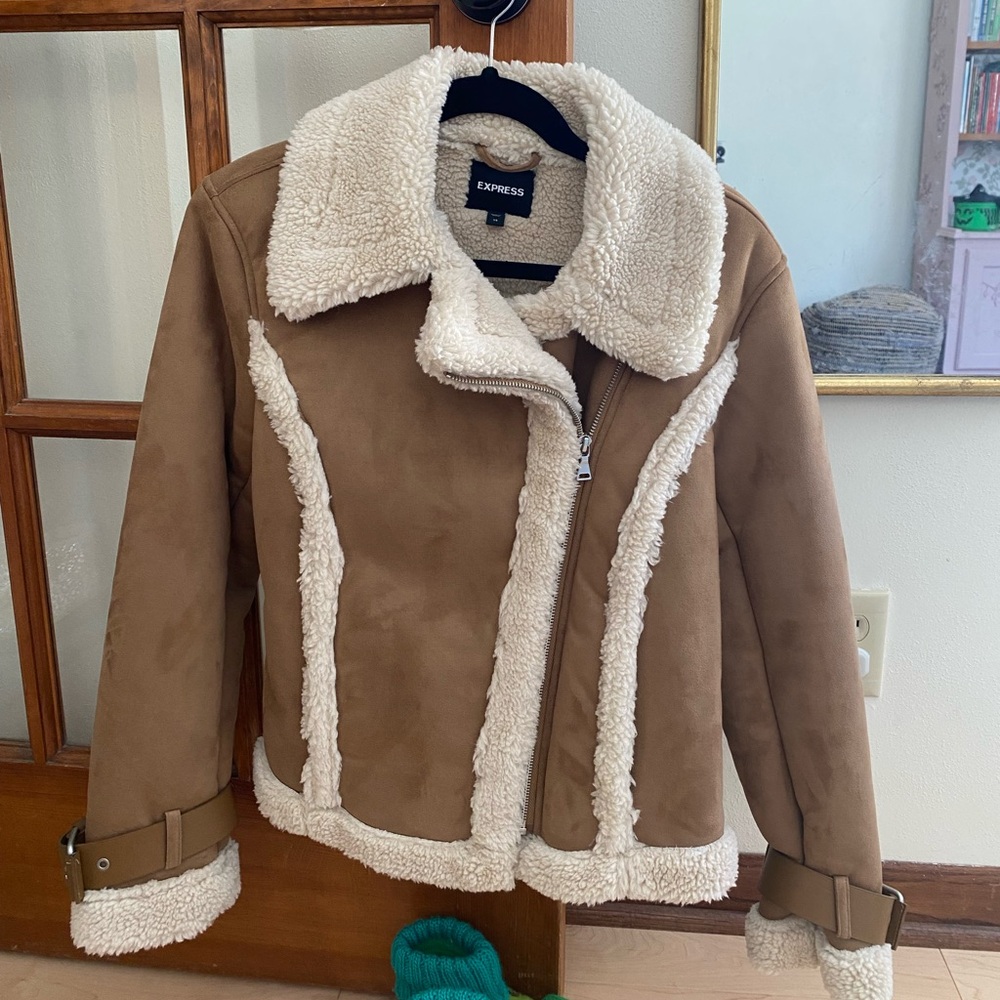 Express Faux Suede and Shearling Moto Aviator Jacket